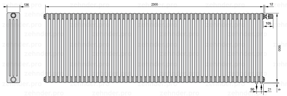 Схема (чертеж) Радиатор Zehnder Charleston 4180/50 №V002 Белый глянцевый RAL 9016